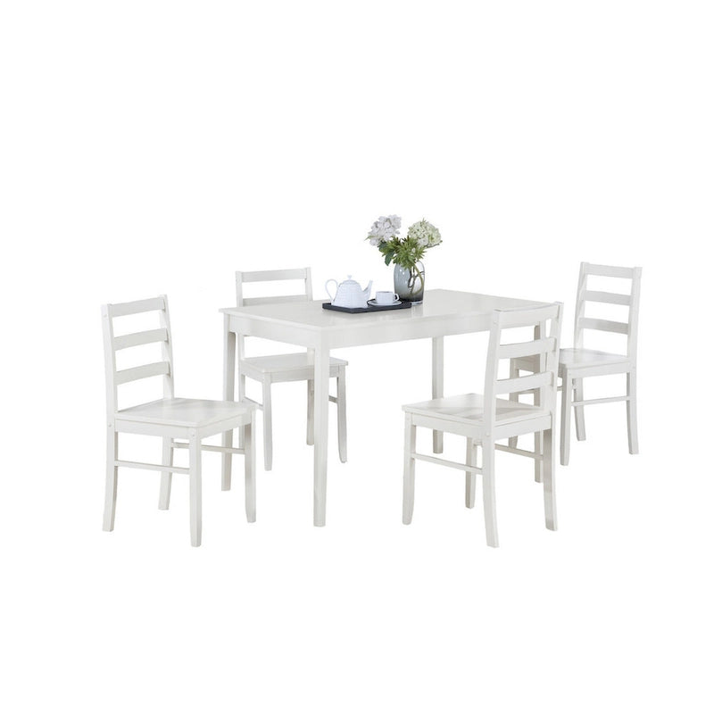 Ensemble de salle à manger 5 pièces, 1 table et 4 chaises, dossiers ajourés, en bois massif blanc